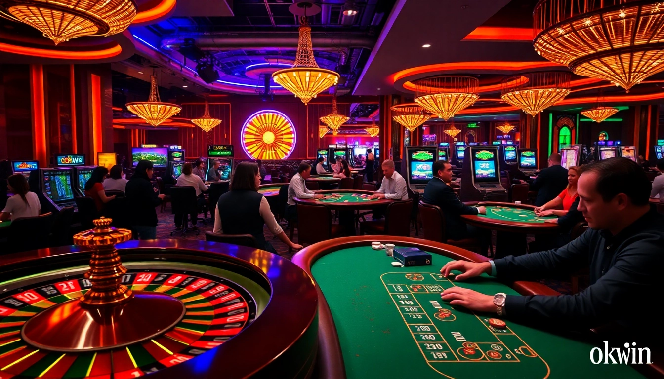 Exciting casino gaming atmosphere at okwin with vibrant roulette and poker tables.