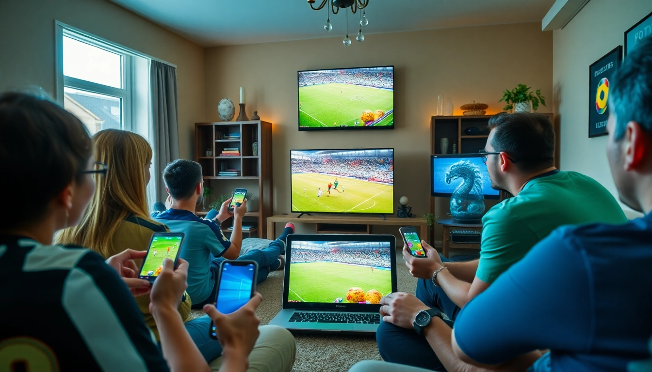 Fans enjoying a live soccer match on https://okwintv.zone/ in a cozy setting, with devices and an exciting atmosphere.