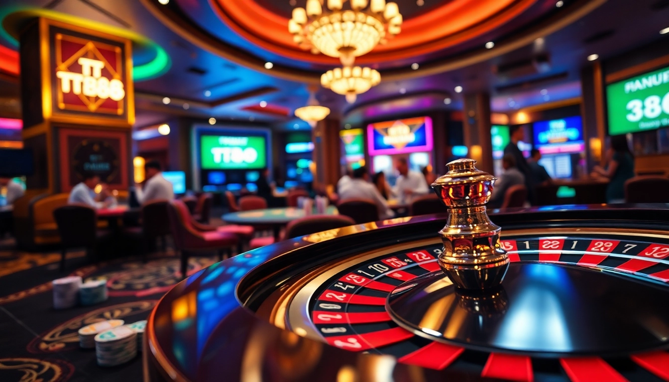 High-stakes gambling environment showcasing tt88 branding with casino table, roulette wheel, and vibrant poker chips.