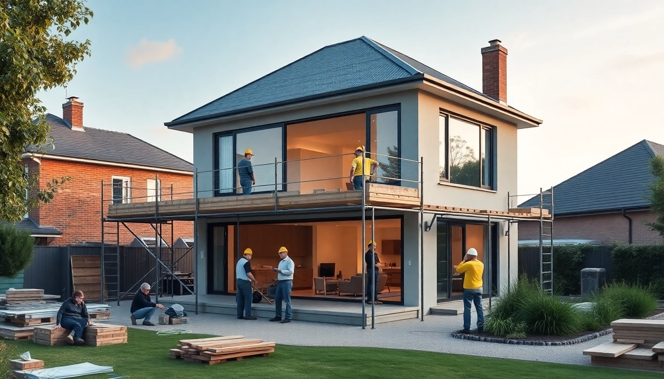 House extension construction showcasing builders working on a modern addition in Melbourne.