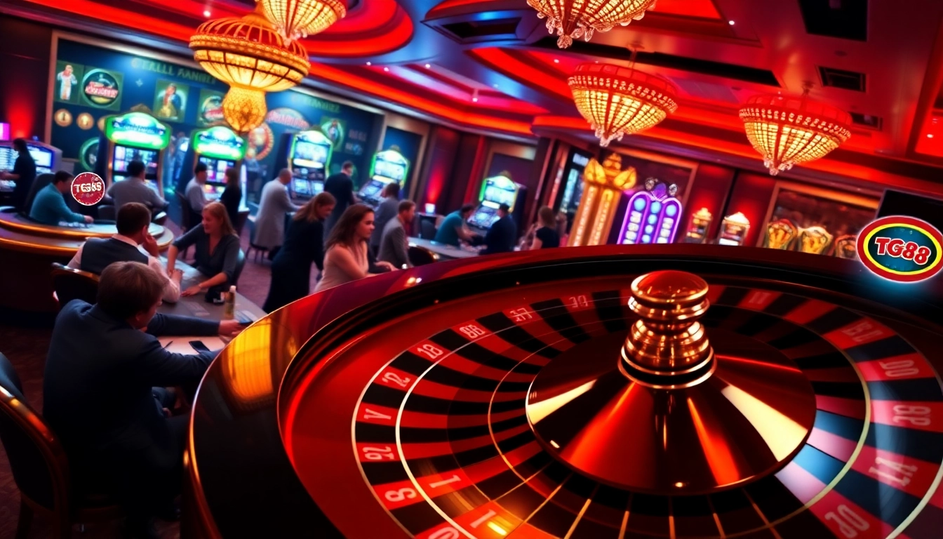 TG88 casino players enjoying roulette and poker in a vibrant and luxurious setting.