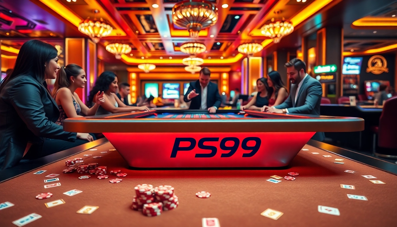 Excited players enjoying PS99 gaming tables with poker chips and cards.
