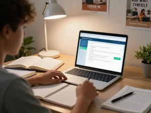 Student, der einen Hausaufgaben Löser online auf einem Laptop mit verstreuten Lehrbüchern verwendet.