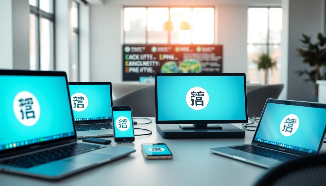 在现代工作区的多台设备上显示的快连下载标志。