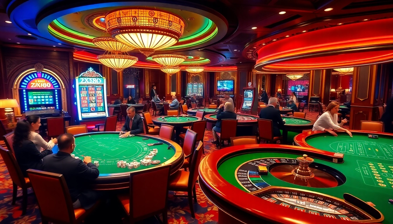 Experience the excitement of casino gaming at ZX88 with lively tables, vibrant lights, and thrilling players.