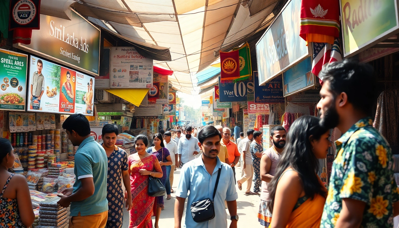 Sri Lanka Ads marketplace scene with vibrant colors, community interaction, and local products