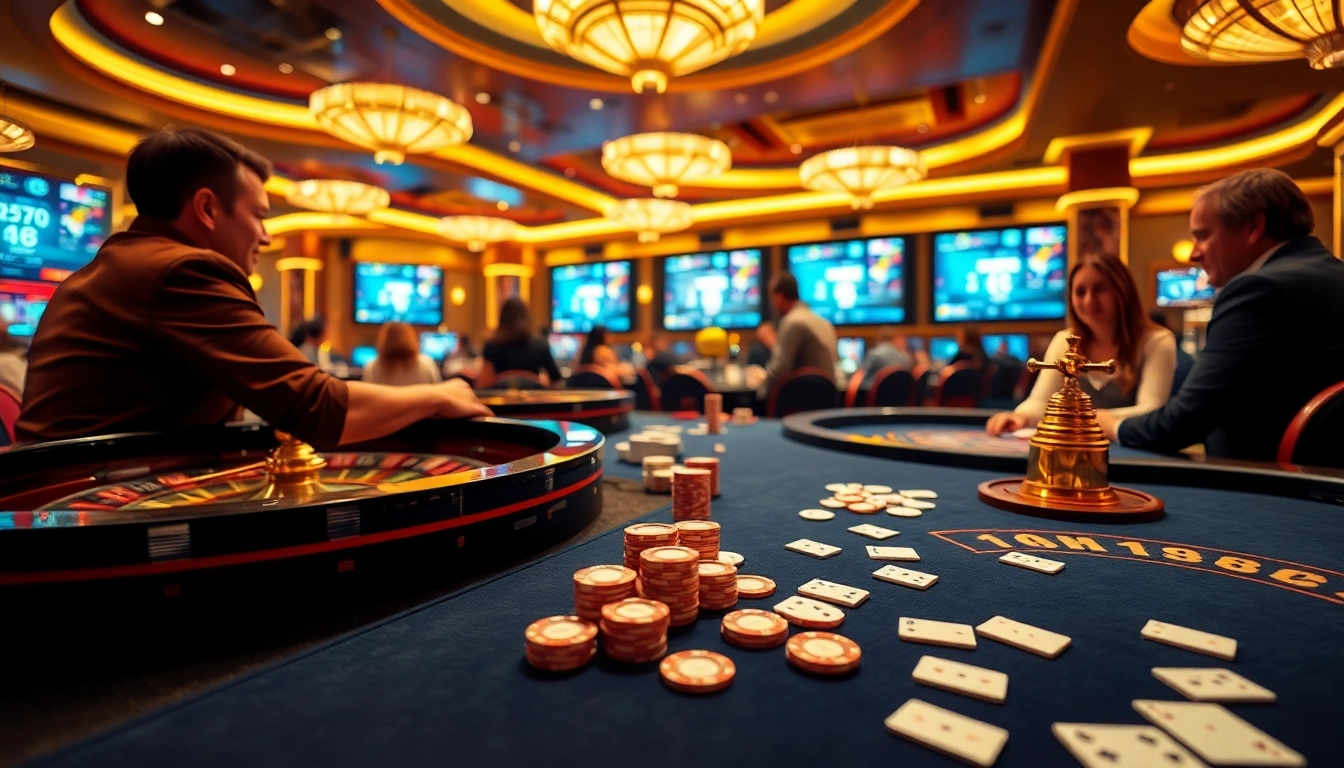 MM88 casino scene showcasing poker tables and engaged players, vibrant gaming atmosphere