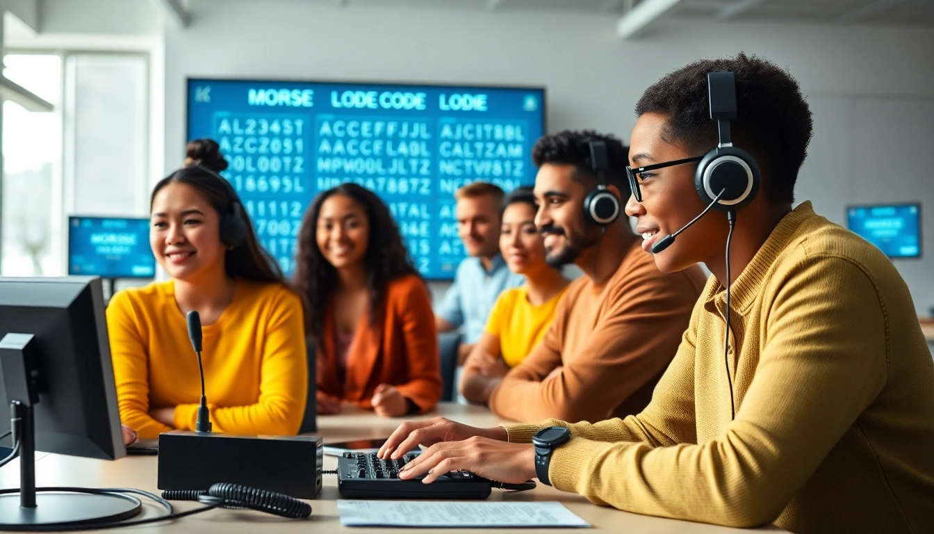 Morse code alphabet learning session in a modern classroom with diverse students and educational tools.