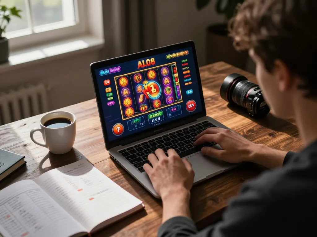 Player engaging with ALO8 slot game on laptop, focused on betting strategies in cozy home setting