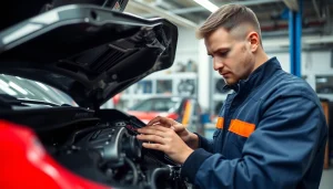 Motorschaden Ankauf: Mechanic evaluating a damaged car engine in a professional workshop.