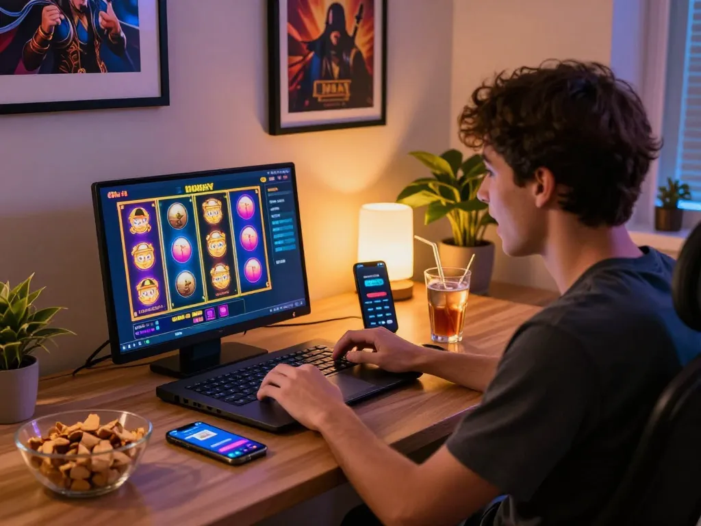 Player enjoying OKBAY slot games on a laptop, showcasing excitement and a cozy gaming setup.