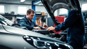 Motorschaden Ankauf – Mechanic evaluating an engine in a modern garage setting.