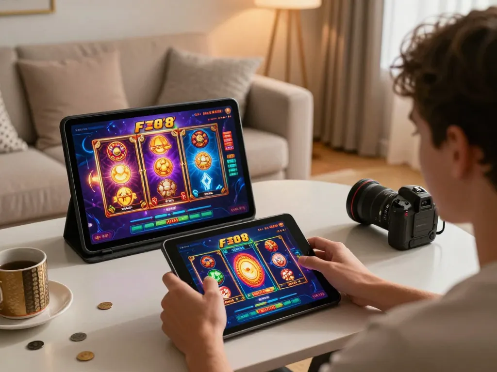 Player enjoying F168 online casino games on tablet in a cozy setting, showcasing responsible gaming.