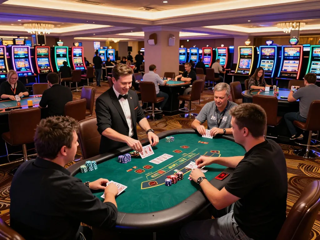 NoHu players engaging intensely in a blackjack game at a lively casino floor with vibrant atmosphere