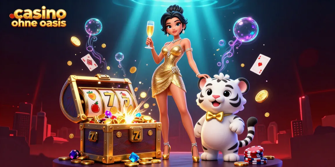 Experience thrilling gaming in a casino ohne oasis with a dazzling woman and a lucky tiger, surrounded by expansive slot reels.
