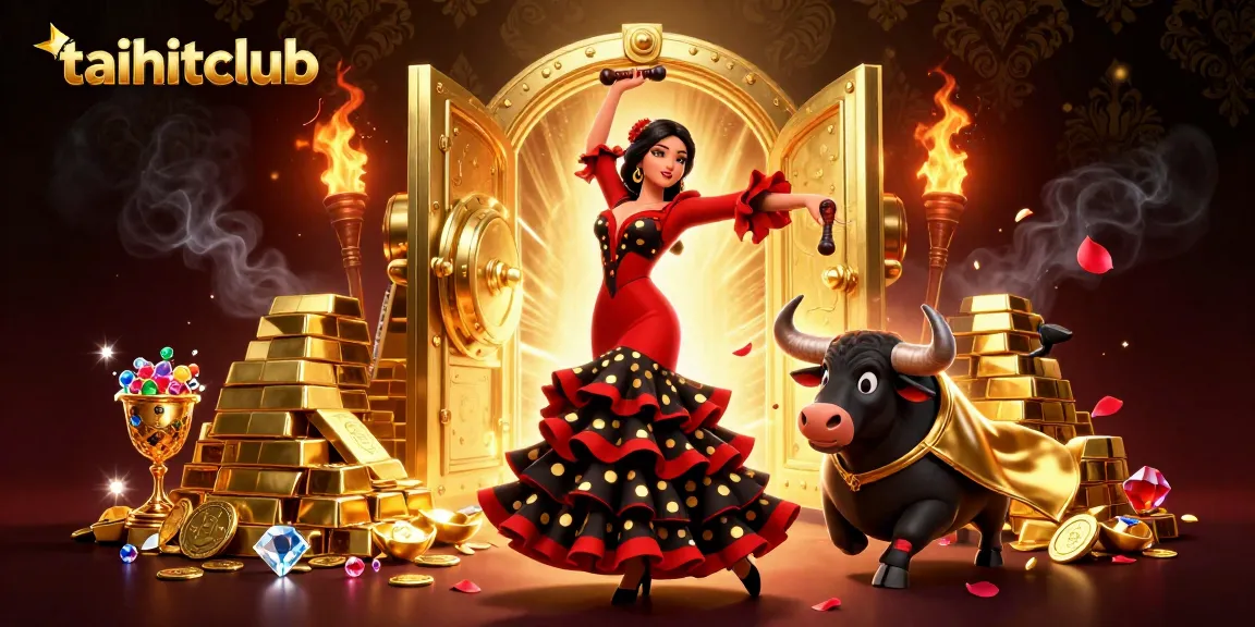 Experience the excitement of taihitclub with an energetic scene featuring a flamenco dancer and a fighting bull.