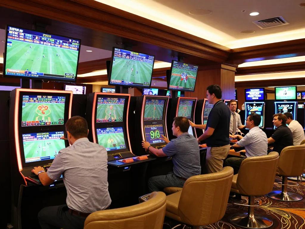 Engaged bettors placing bets at 789winn sports betting kiosk in a lively casino.