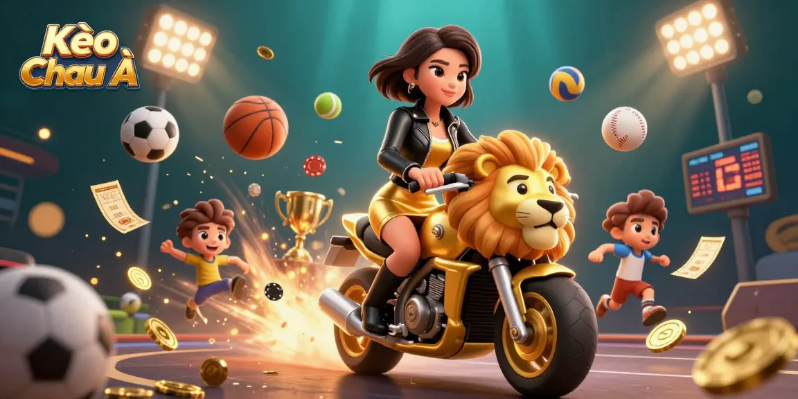 Kèo Châu Á sports betting illustration featuring a glamorous Asian woman riding a golden lion with dynamic elements.