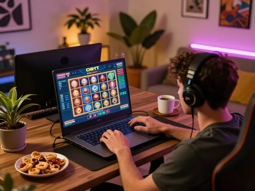 Gamer enjoying O8 net3 online slots on a vibrant home setup, showcasing a strategic gaming atmosphere.