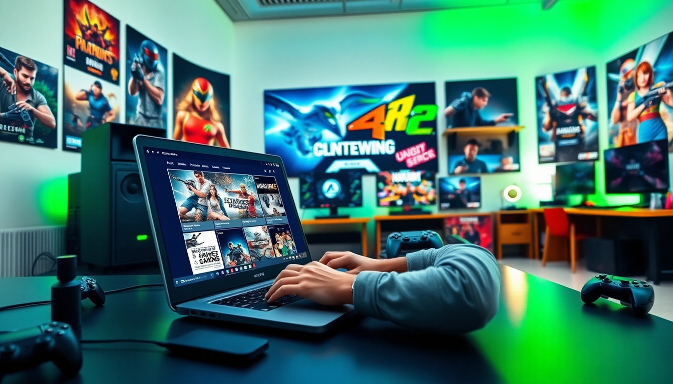 Gaming News center with a journalist, gaming consoles, and vibrant posters.