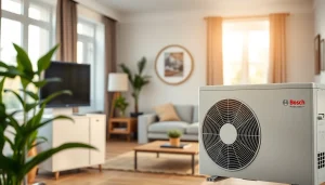 Wärmepumpe Bosch zentral im Fokus in einem modernen Zuhause während der Installation.