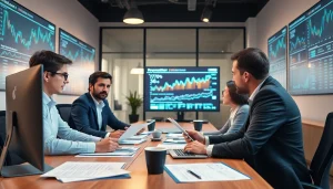Analyse de l'actualité de la finance décentralisée par des experts dans un bureau moderne.