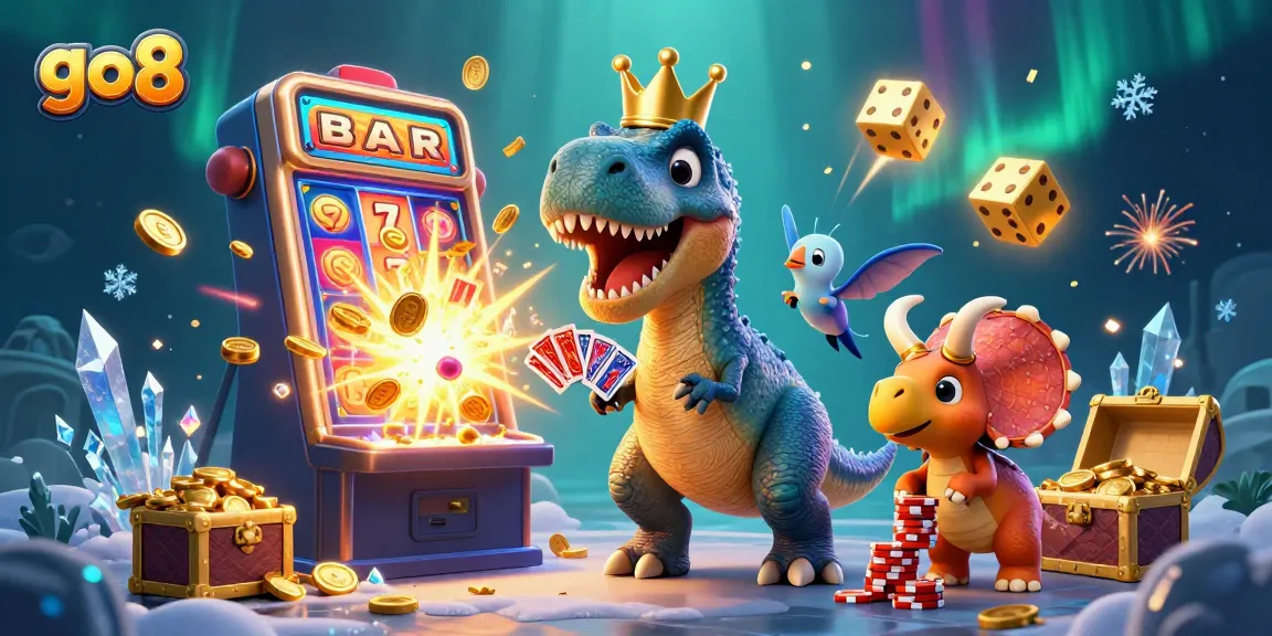 Engage with go8's fun casino experience featuring T-Rex and friends celebrating jackpots!