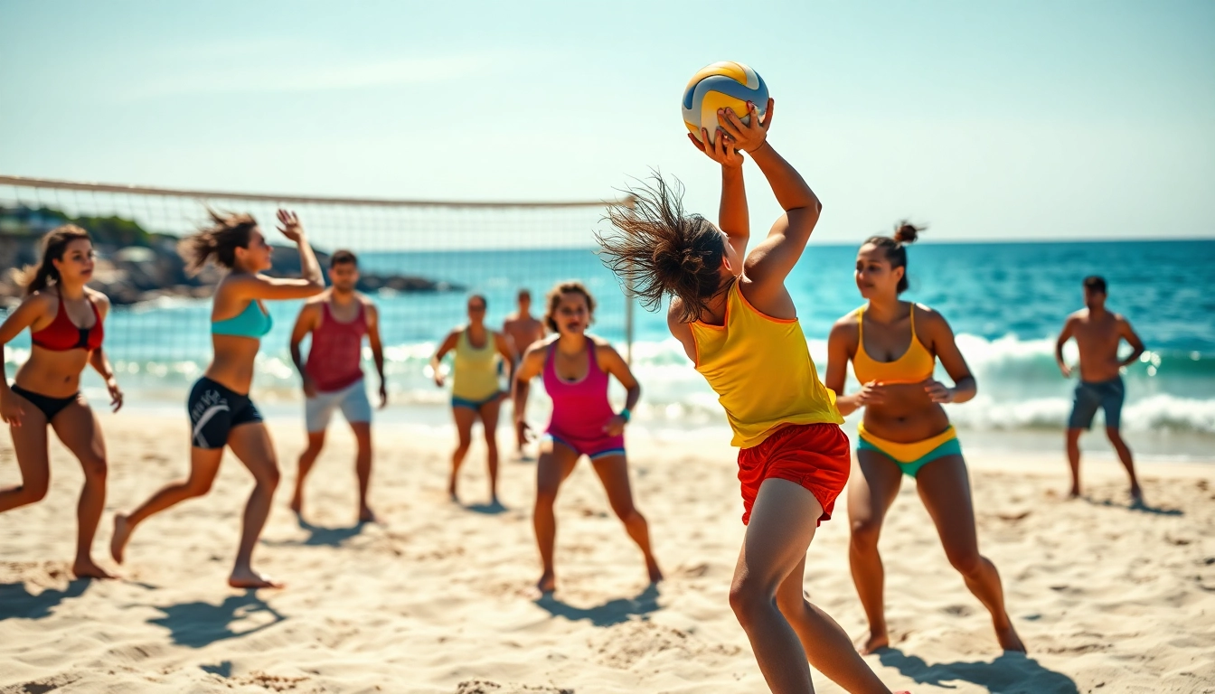 Spieler von https://thebeachvolleyballcamps.com/ beim Volleyballspiel am Strand in Aktion.