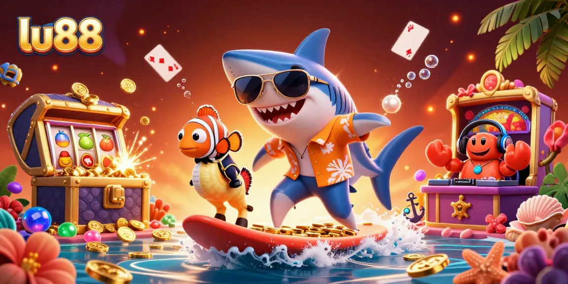 Join the lu88 adventure with playful shark and clownfish amidst vibrant casino elements.