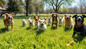 Hunde erfreuen sich an der Spielzeit bei pawsometime im sonnigen Park.