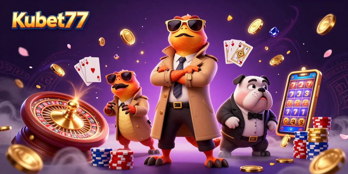 Kubet77 raptors in trench coat sneak into a VIP casino, bouncer bulldog watches closely.