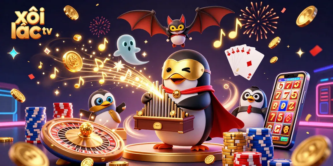 Xôi lạc tv offers immersive online gaming experiences with a lively 3D illustration showcasing casino elements.