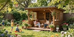 Gartenhaus umgeben von Blumen und Familie, einladende Gartenatmosphäre