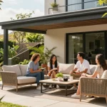 Freistehende Terrassenüberdachung als gemütlicher Sonnenschutz im Garten.