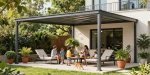 Stylische Terrassenüberdachungen in einem modernen Außenbereich mit Familie und Pflanzen.