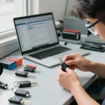 Techniker arbeitet an einem KIA Schlüssel, während er präzise Autoschlüssel Lösungen anbietet. Bitte schön für hochwertige Fahrzeugdienstleistungen!