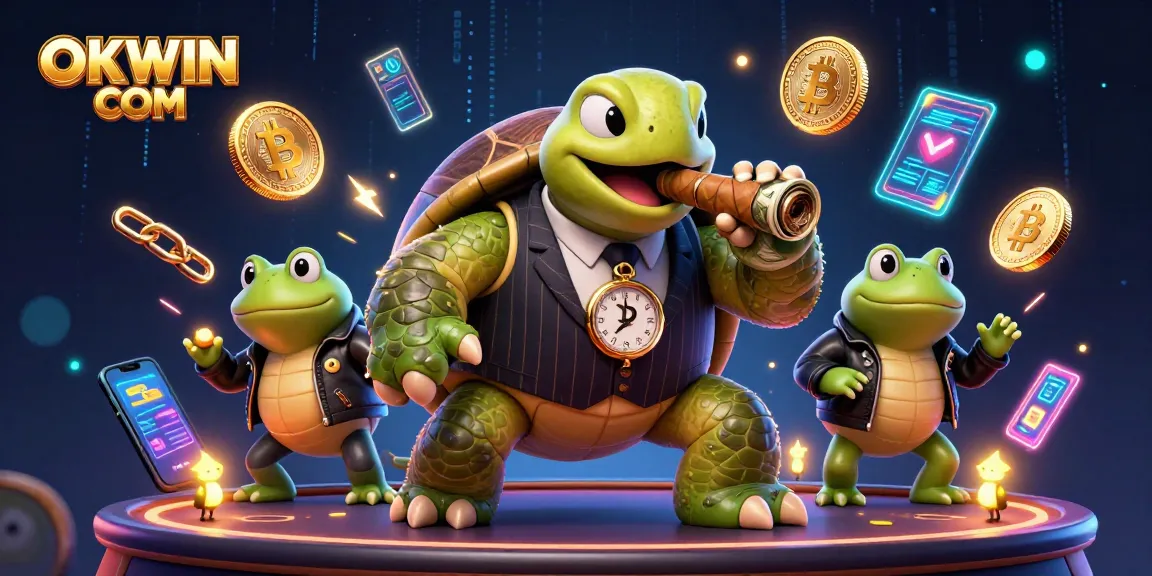 Engage with OKWIN COM for a lively online casino experience featuring vibrant 3D characters and cryptocurrency elements.