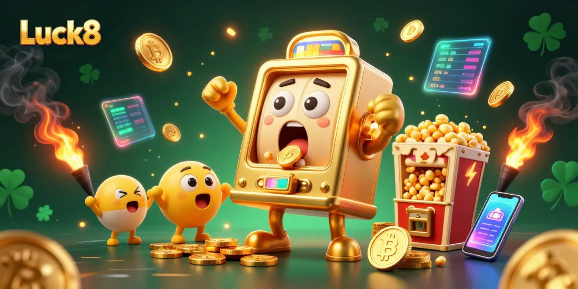 Experience Luck8's thrilling jackpot moment with cheerful slot machines amidst dynamic coins and crypto elements.