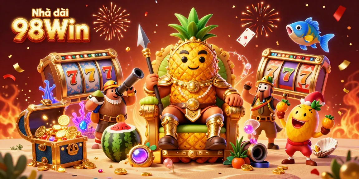 Engage with the vibrant world of Nhà cái 98Win, featuring a lively beach casino scene with dynamic characters and game elements.