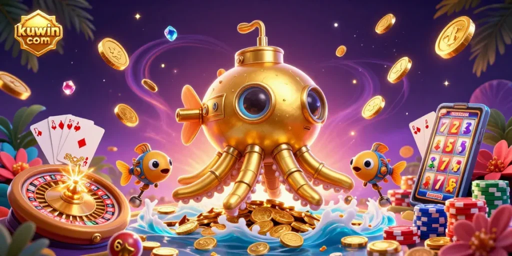 Play and win at kuwin com, featuring a golden kraken submarine amid a flurry of casino excitement.