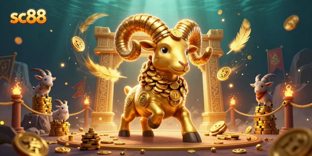 Experience the thrill of sc88 with a golden ram charging towards fortune in a vibrant 3D casino scene.