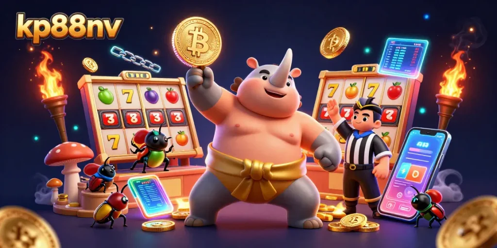 Experience thrilling gameplay at kp88nv with a vibrant 3D illustration of a sumo beetle champion among casino elements.