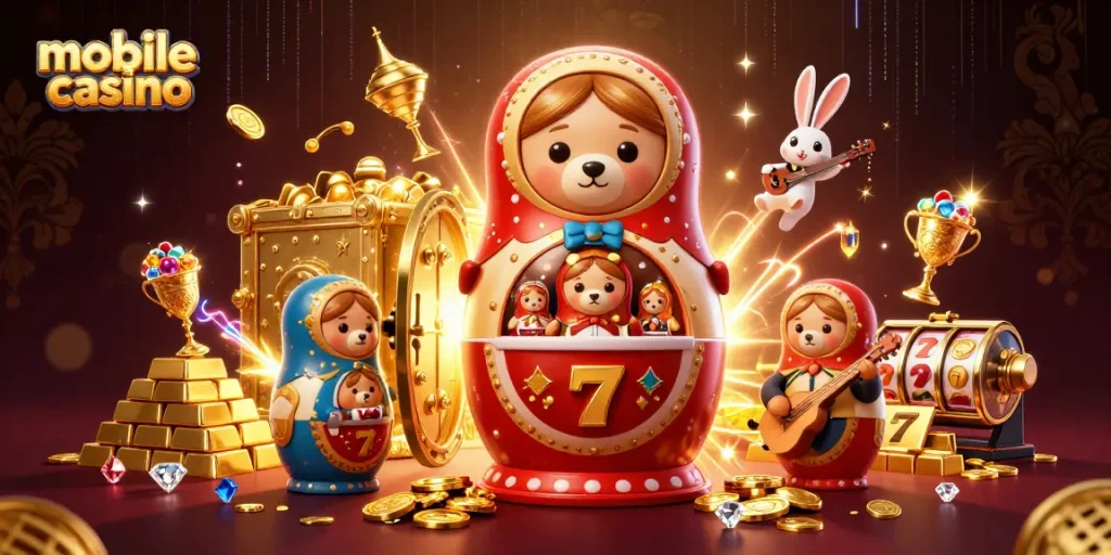 Engage in a vibrant mobile casino scene with playful characters and dazzling treasures.