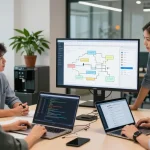 Build internal tools with AI in a modern workspace with a diverse team collaborating on innovative solutions.