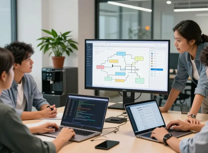 Build internal tools with AI in a modern workspace with a diverse team collaborating on innovative solutions.