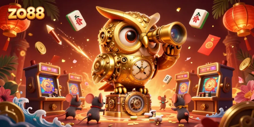 Experience the excitement of zo88 through a lively cartoon casino scene with whimsical characters and game elements.