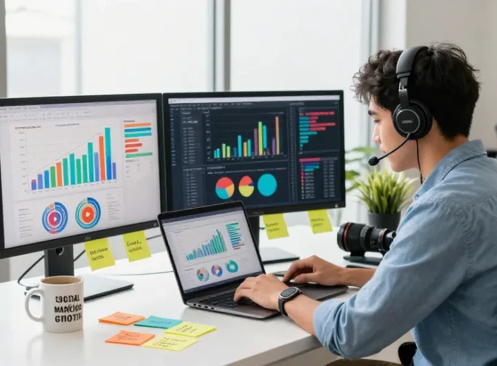 YouTube Views kaufen: Professioneller Marketing-Experte analysiert Wachstumsdaten in moderner Büroatmosphäre.