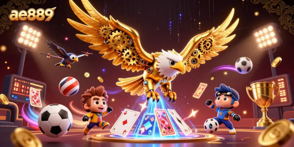 Experience gaming excitement with ae889's vibrant 3D casino illustration featuring unique characters.