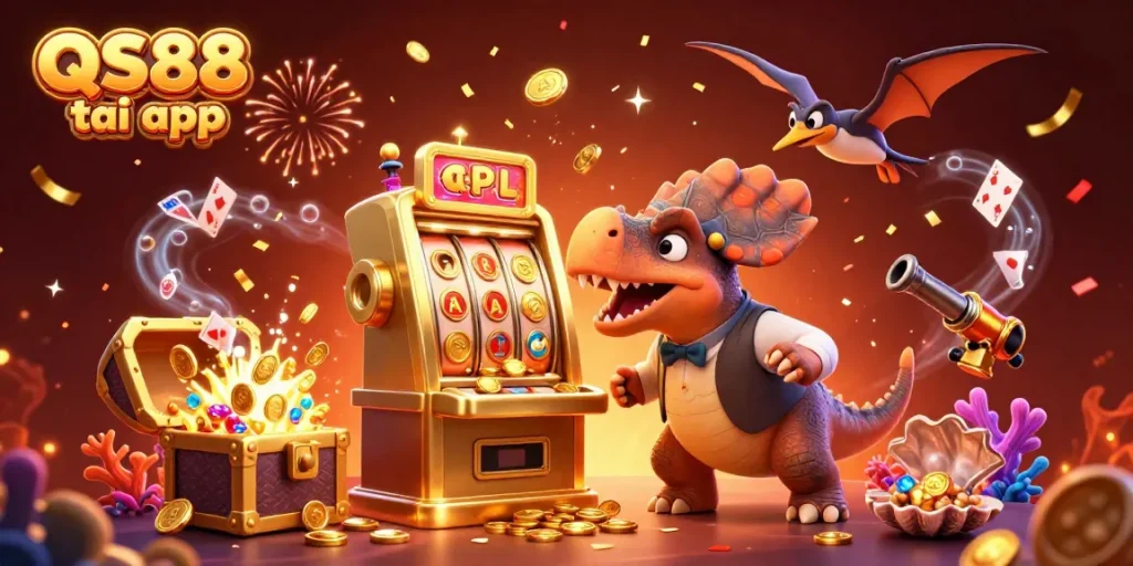 Experience the excitement of QS88 tai app as the pachycephalosaurus triggers a huge jackpot, catching flying coins in a vivid casino scene.