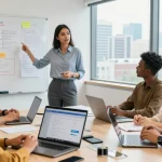 Teamdiskussion über schwierige Führungskräfte in modernem Büro mit Führungskraft.